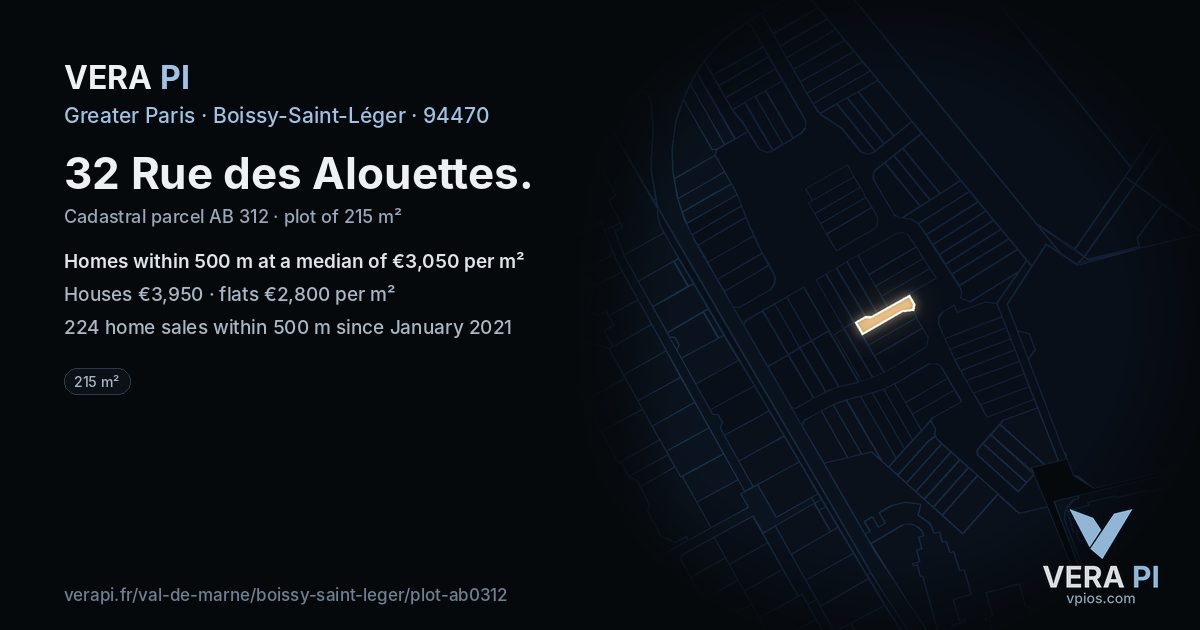 32 Rue des Alouettes, Boissy-Saint-Léger at night – the plot lit, the parcels around coloured by the prices near them