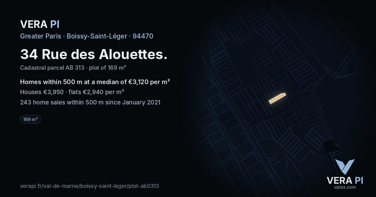 34 Rue des Alouettes, Boissy-Saint-Léger at night – the plot lit, the parcels around coloured by the prices near them