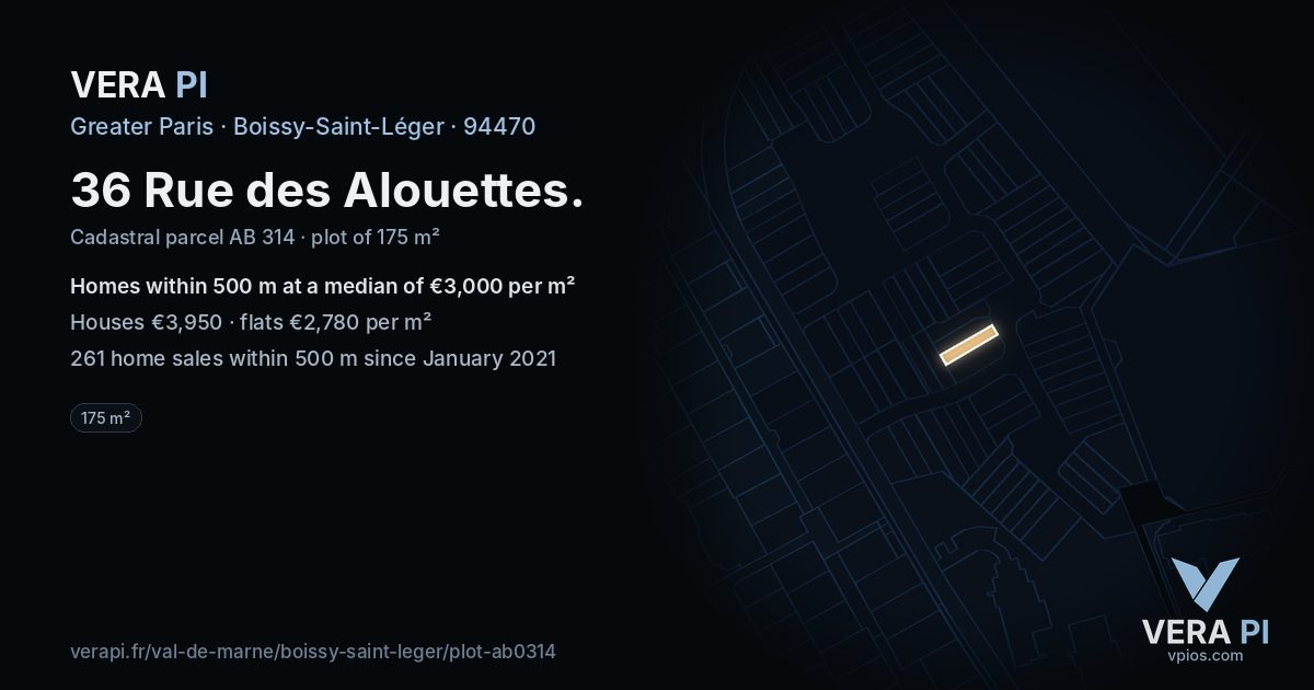 36 Rue des Alouettes, Boissy-Saint-Léger at night – the plot lit, the parcels around coloured by the prices near them