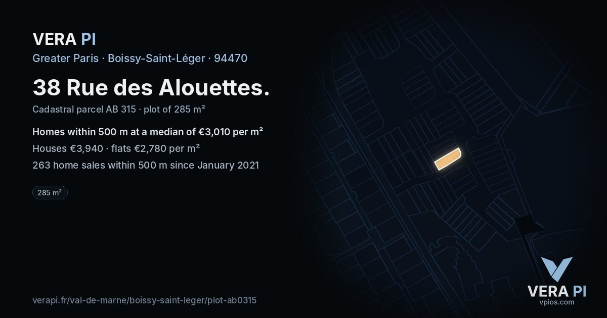 38 Rue des Alouettes, Boissy-Saint-Léger at night – the plot lit, the parcels around coloured by the prices near them