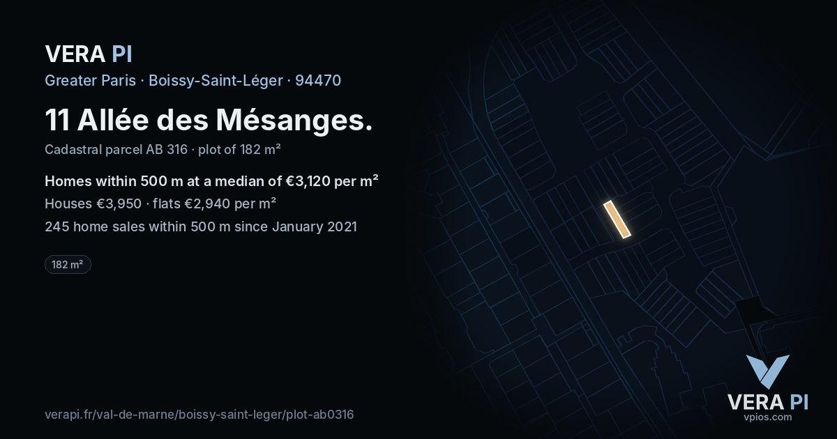 11 Allée des Mésanges, Boissy-Saint-Léger at night – the plot lit, the parcels around coloured by the prices near them