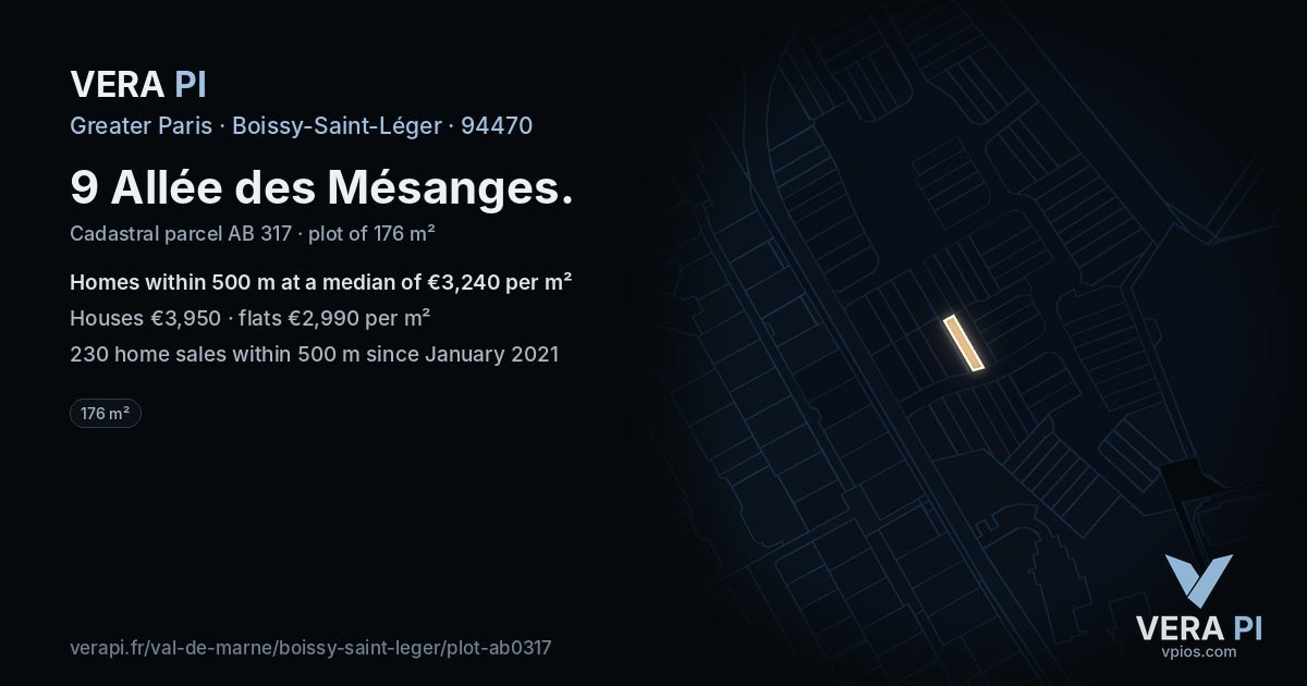 9 Allée des Mésanges, Boissy-Saint-Léger at night – the plot lit, the parcels around coloured by the prices near them
