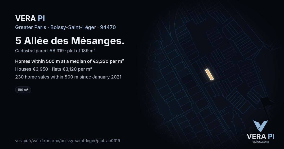 5 Allée des Mésanges, Boissy-Saint-Léger at night – the plot lit, the parcels around coloured by the prices near them