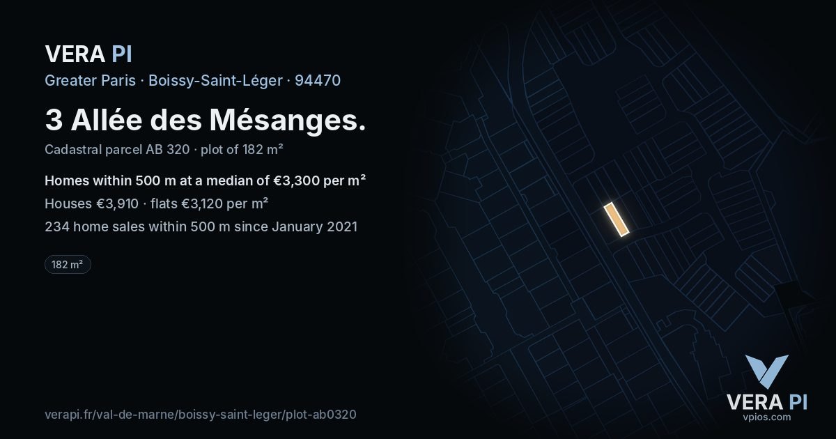 3 Allée des Mésanges, Boissy-Saint-Léger at night – the plot lit, the parcels around coloured by the prices near them