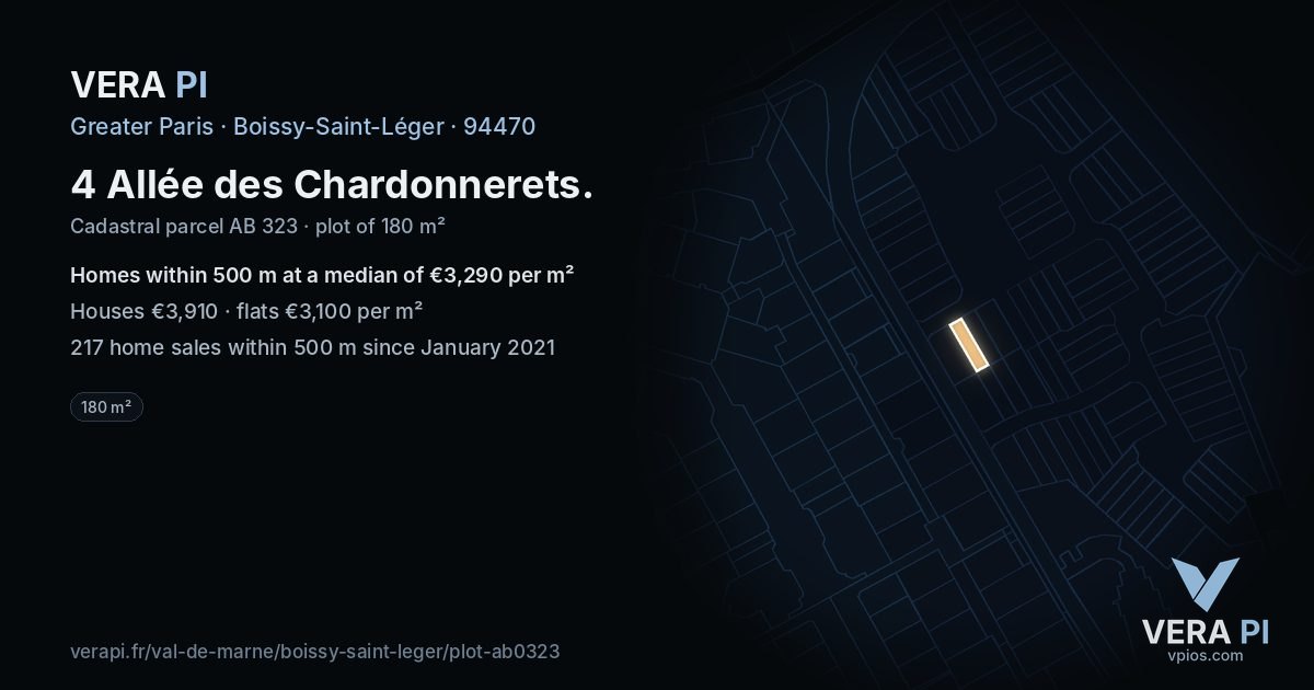 4 Allée des Chardonnerets, Boissy-Saint-Léger at night – the plot lit, the parcels around coloured by the prices near them