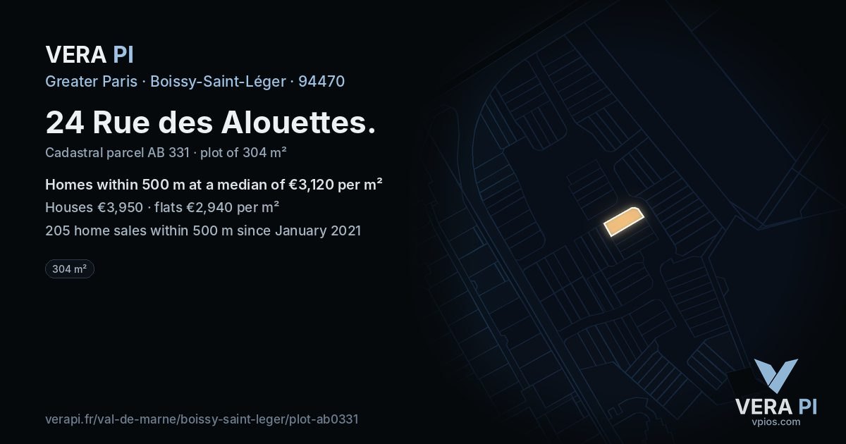 24 Rue des Alouettes, Boissy-Saint-Léger at night – the plot lit, the parcels around coloured by the prices near them