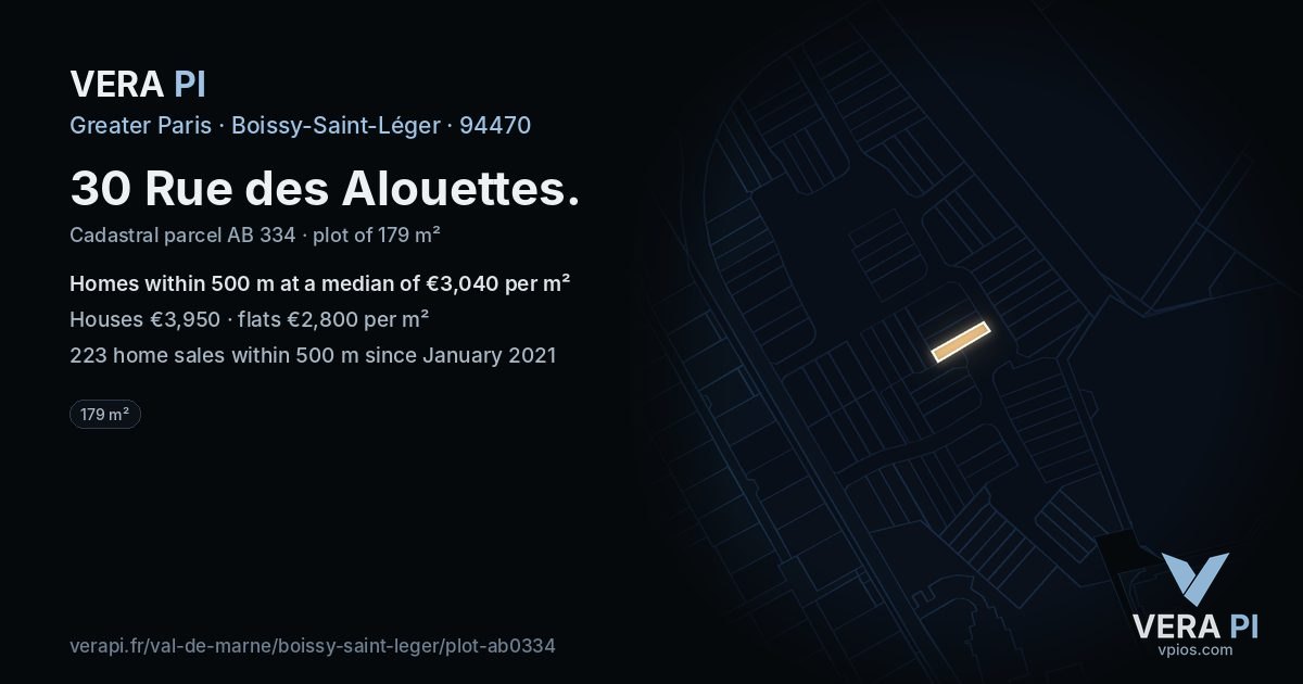 30 Rue des Alouettes, Boissy-Saint-Léger at night – the plot lit, the parcels around coloured by the prices near them