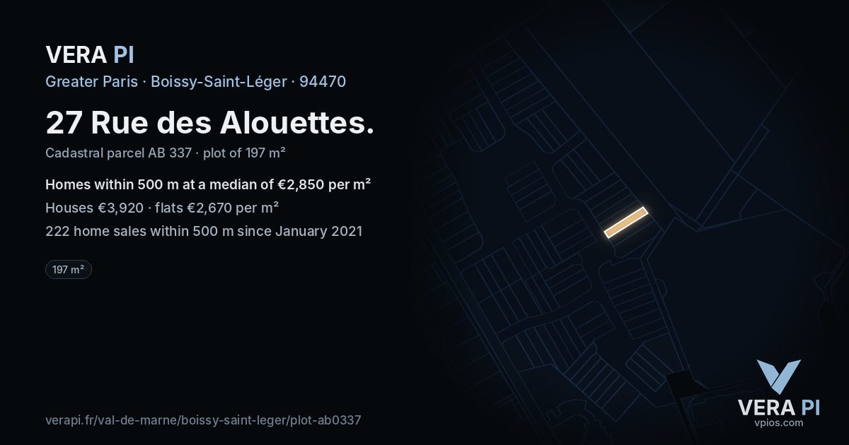 27 Rue des Alouettes, Boissy-Saint-Léger at night – the plot lit, the parcels around coloured by the prices near them