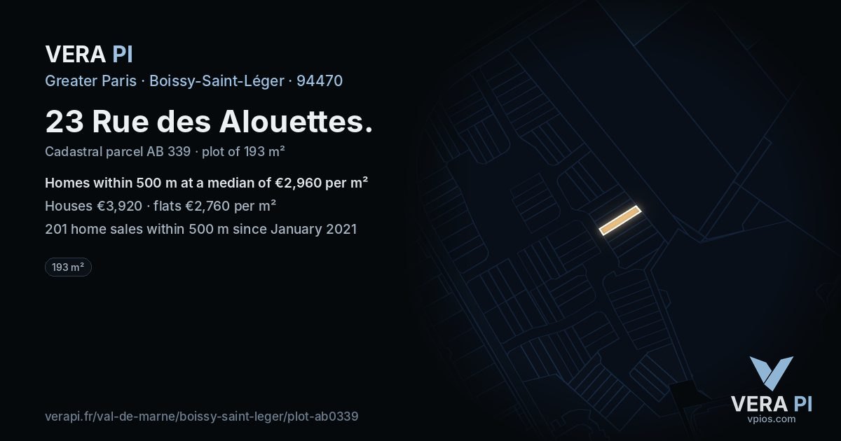 23 Rue des Alouettes, Boissy-Saint-Léger at night – the plot lit, the parcels around coloured by the prices near them