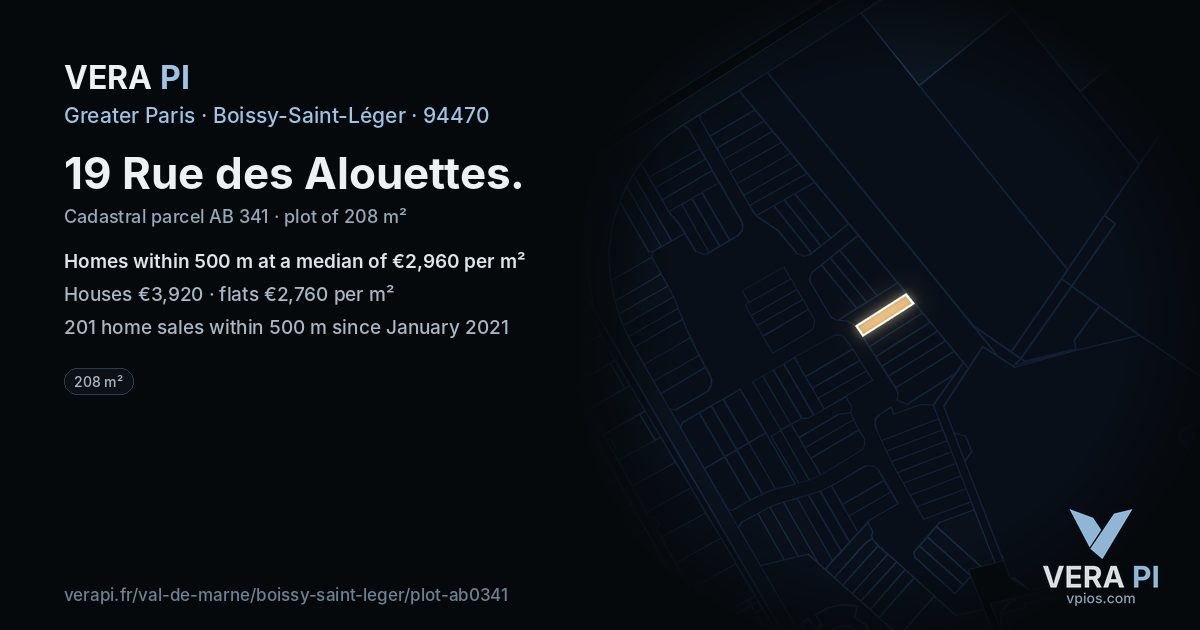 19 Rue des Alouettes, Boissy-Saint-Léger at night – the plot lit, the parcels around coloured by the prices near them