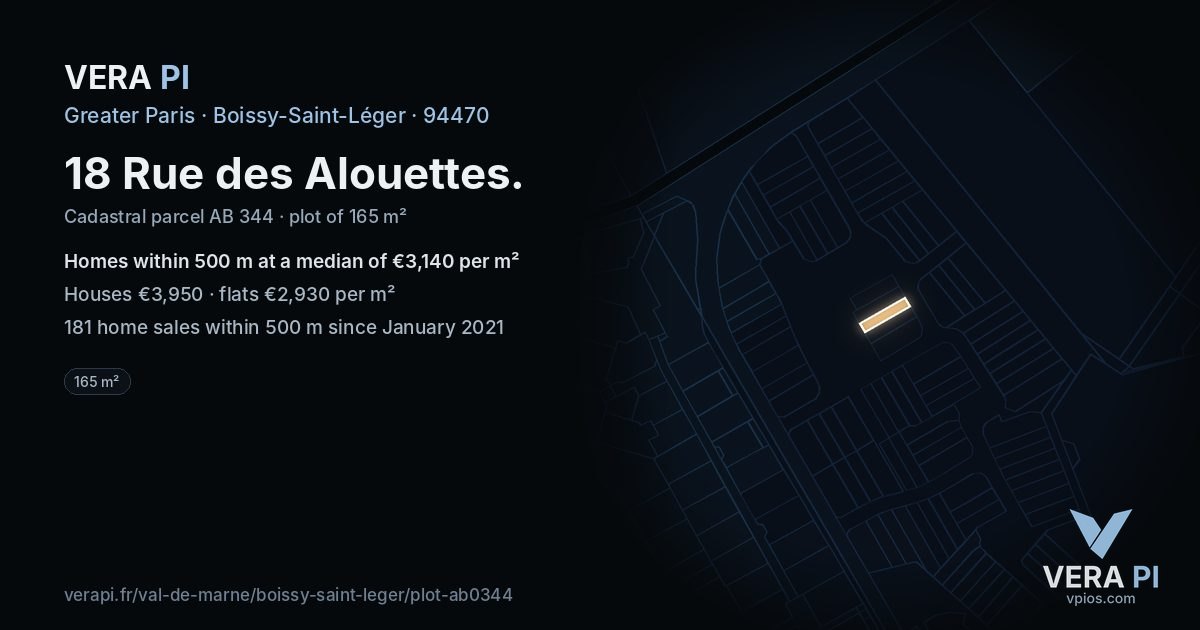 18 Rue des Alouettes, Boissy-Saint-Léger at night – the plot lit, the parcels around coloured by the prices near them
