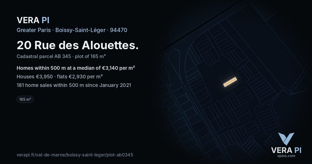 20 Rue des Alouettes, Boissy-Saint-Léger at night – the plot lit, the parcels around coloured by the prices near them