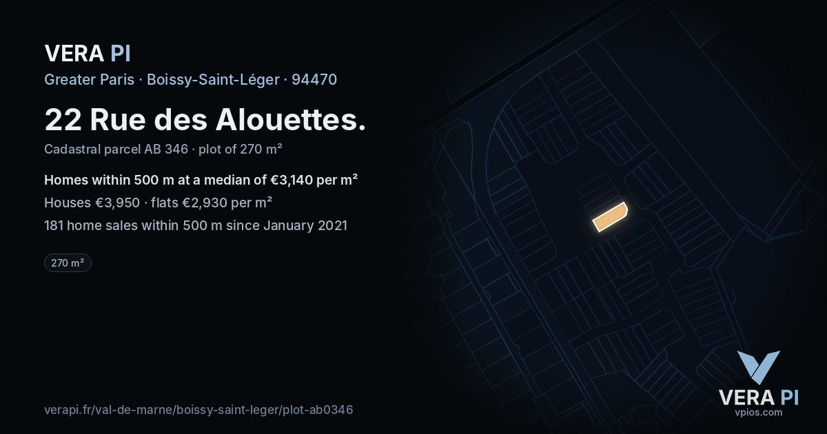 22 Rue des Alouettes, Boissy-Saint-Léger at night – the plot lit, the parcels around coloured by the prices near them