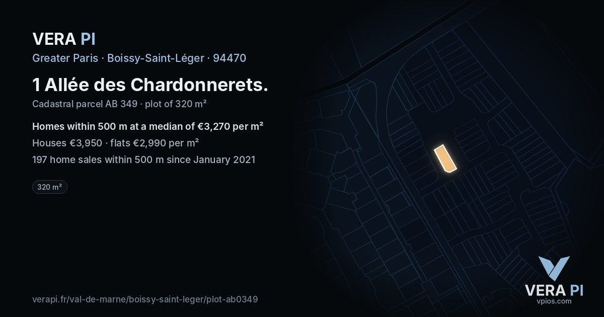 1 Allée des Chardonnerets, Boissy-Saint-Léger at night – the plot lit, the parcels around coloured by the prices near them
