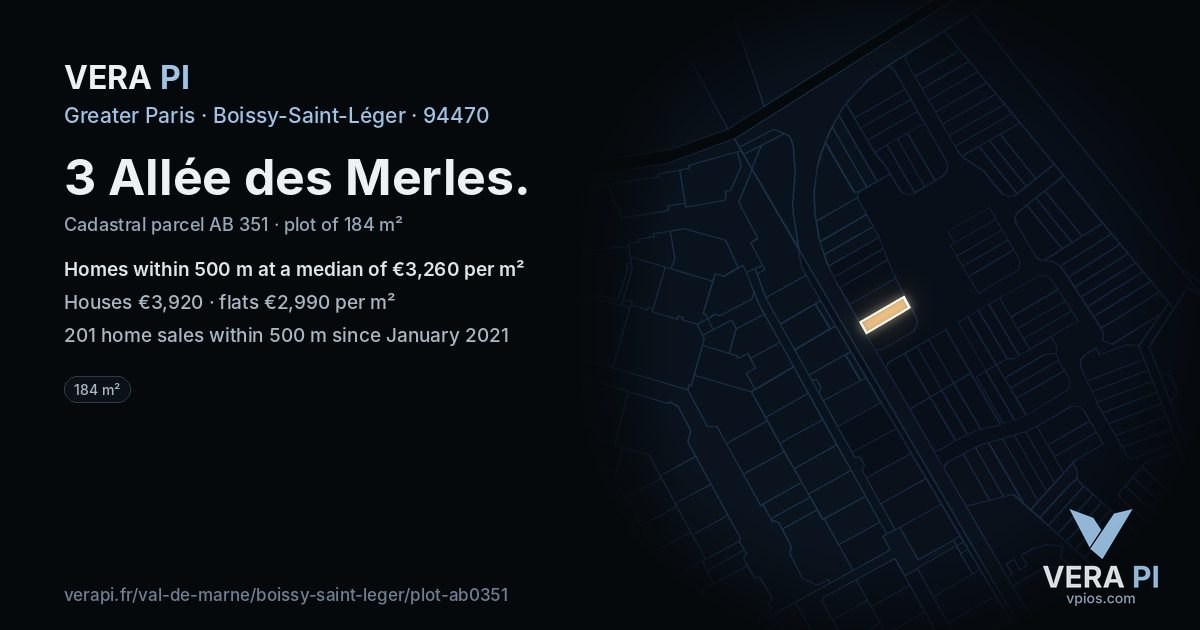 3 Allée des Merles, Boissy-Saint-Léger at night – the plot lit, the parcels around coloured by the prices near them