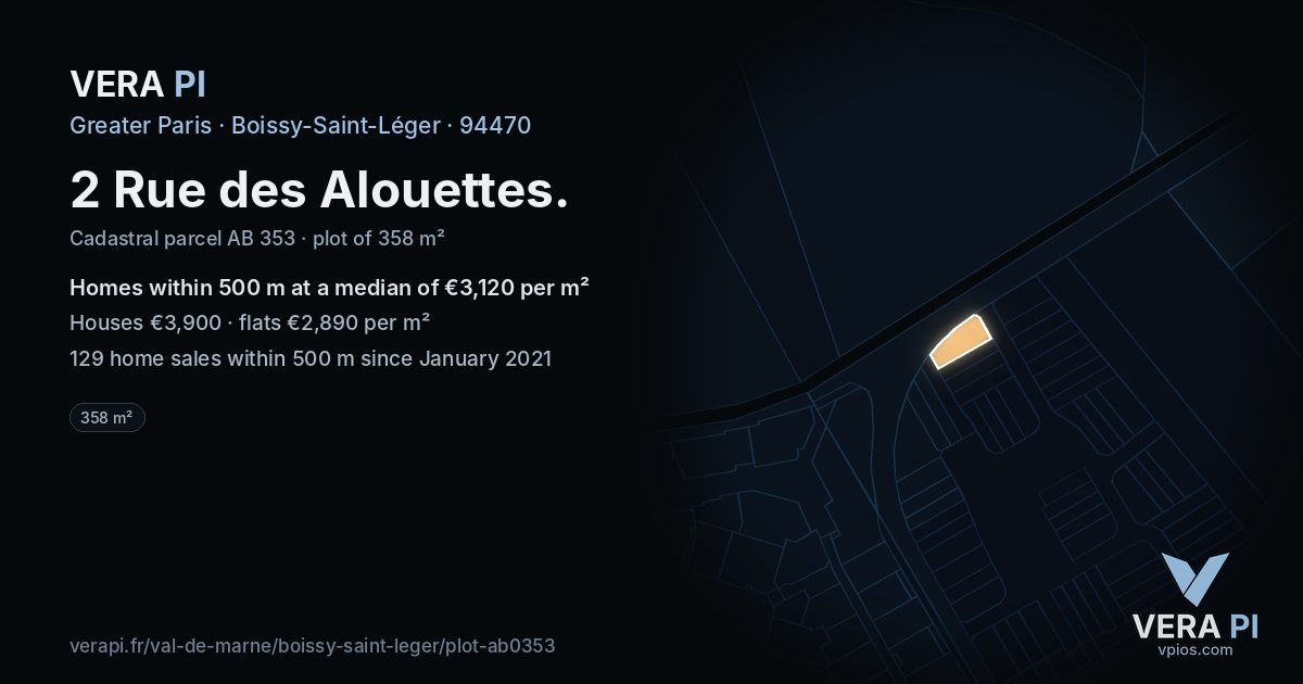 2 Rue des Alouettes, Boissy-Saint-Léger at night – the plot lit, the parcels around coloured by the prices near them