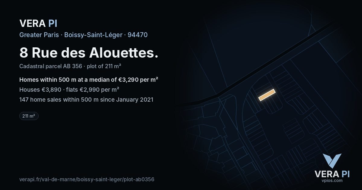 8 Rue des Alouettes, Boissy-Saint-Léger at night – the plot lit, the parcels around coloured by the prices near them