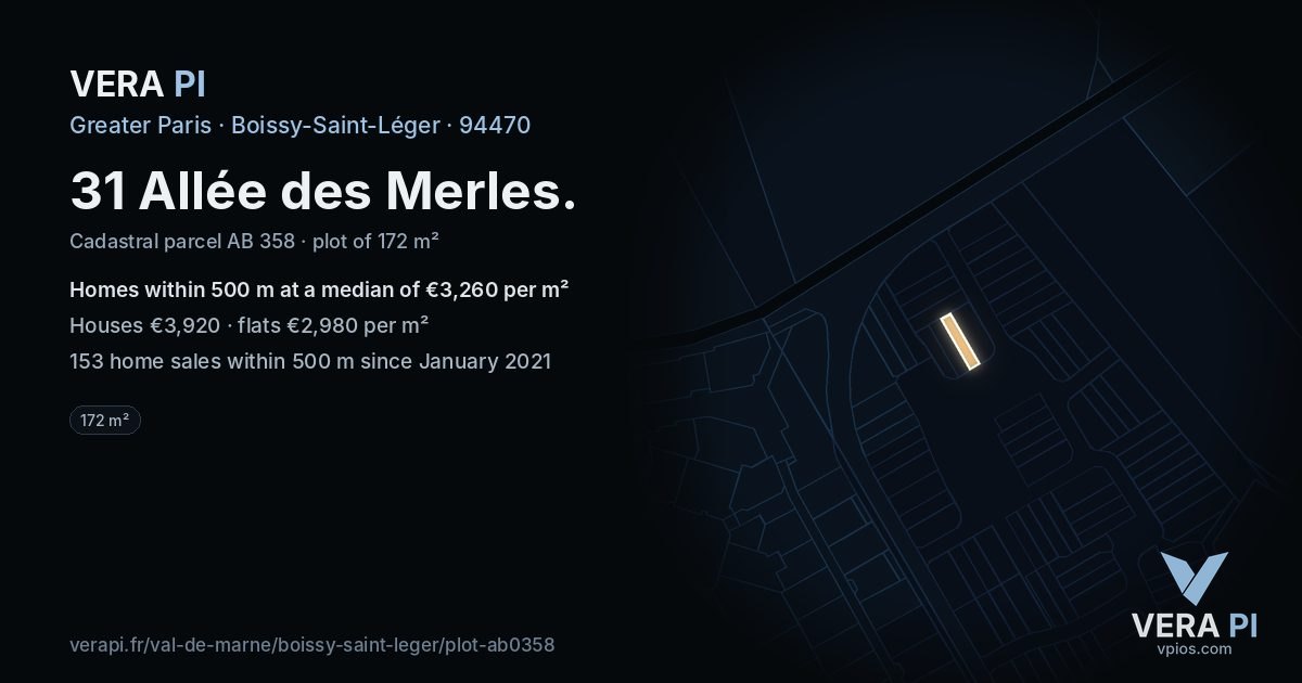 31 Allée des Merles, Boissy-Saint-Léger at night – the plot lit, the parcels around coloured by the prices near them