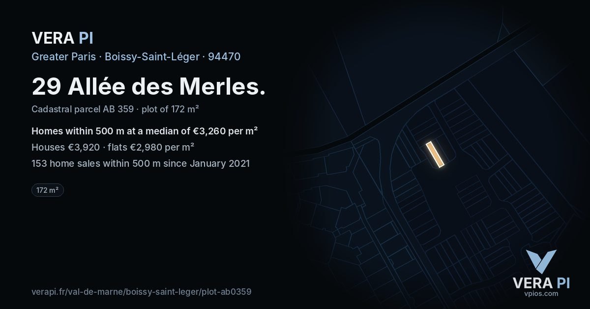 29 Allée des Merles, Boissy-Saint-Léger at night – the plot lit, the parcels around coloured by the prices near them