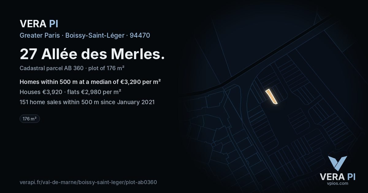27 Allée des Merles, Boissy-Saint-Léger at night – the plot lit, the parcels around coloured by the prices near them