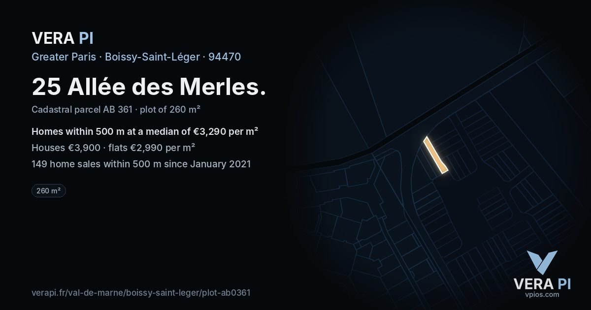 25 Allée des Merles, Boissy-Saint-Léger at night – the plot lit, the parcels around coloured by the prices near them