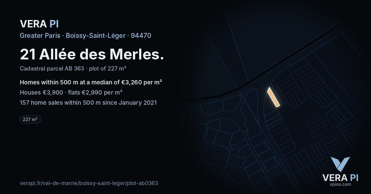 21 Allée des Merles, Boissy-Saint-Léger at night – the plot lit, the parcels around coloured by the prices near them