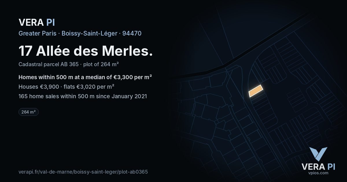 17 Allée des Merles, Boissy-Saint-Léger at night – the plot lit, the parcels around coloured by the prices near them