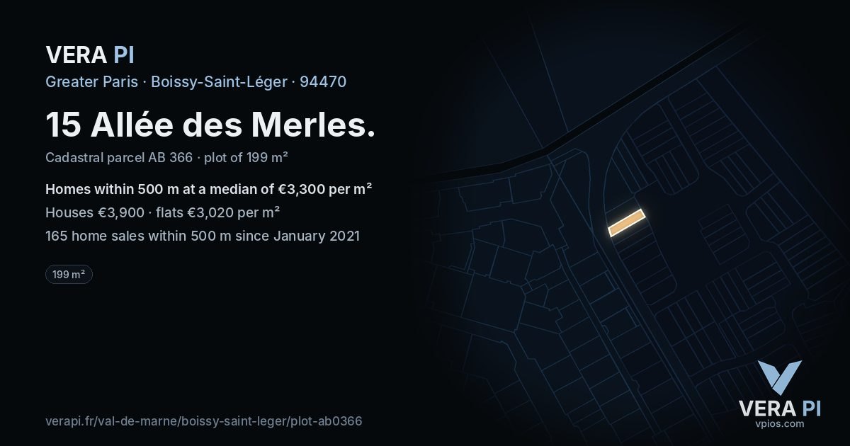 15 Allée des Merles, Boissy-Saint-Léger at night – the plot lit, the parcels around coloured by the prices near them