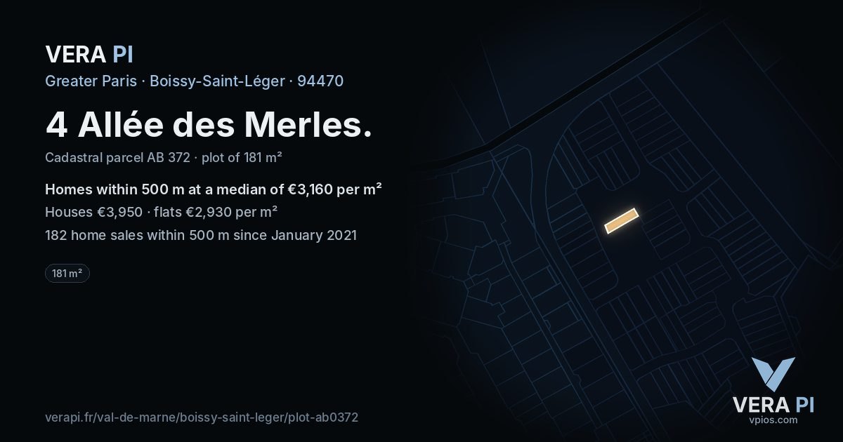 4 Allée des Merles, Boissy-Saint-Léger at night – the plot lit, the parcels around coloured by the prices near them