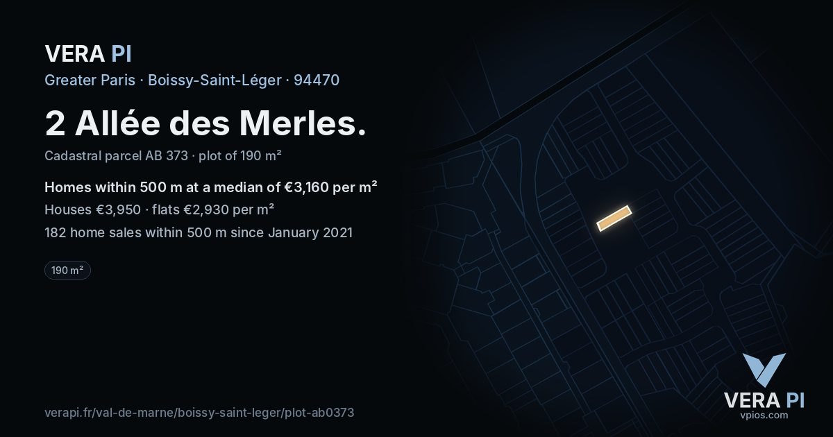 2 Allée des Merles, Boissy-Saint-Léger at night – the plot lit, the parcels around coloured by the prices near them