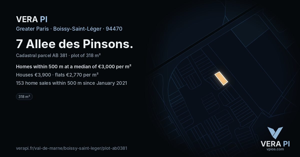 7 Allee des Pinsons, Boissy-Saint-Léger at night – the plot lit, the parcels around coloured by the prices near them
