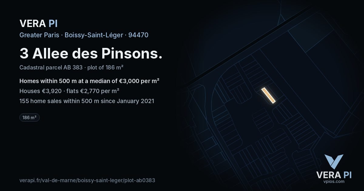 3 Allee des Pinsons, Boissy-Saint-Léger at night – the plot lit, the parcels around coloured by the prices near them