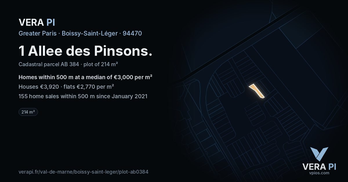 1 Allee des Pinsons, Boissy-Saint-Léger at night – the plot lit, the parcels around coloured by the prices near them