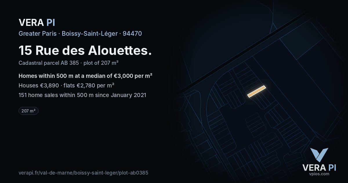 15 Rue des Alouettes, Boissy-Saint-Léger at night – the plot lit, the parcels around coloured by the prices near them