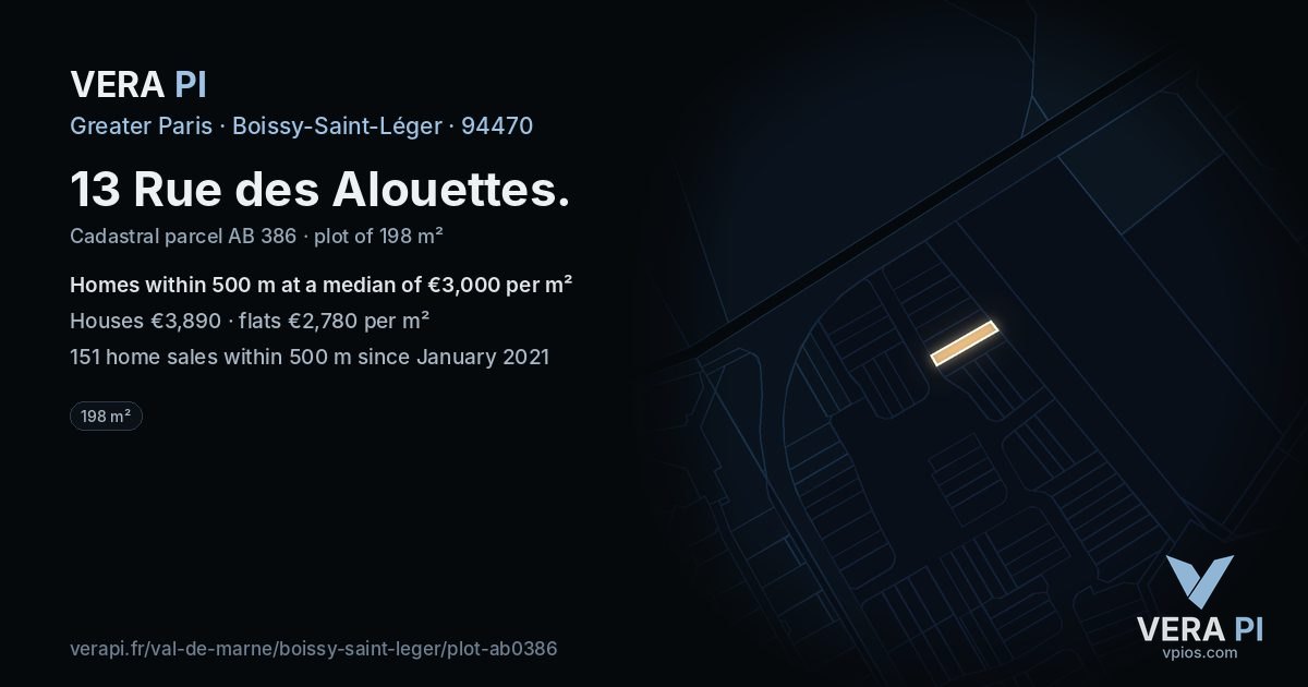 13 Rue des Alouettes, Boissy-Saint-Léger at night – the plot lit, the parcels around coloured by the prices near them