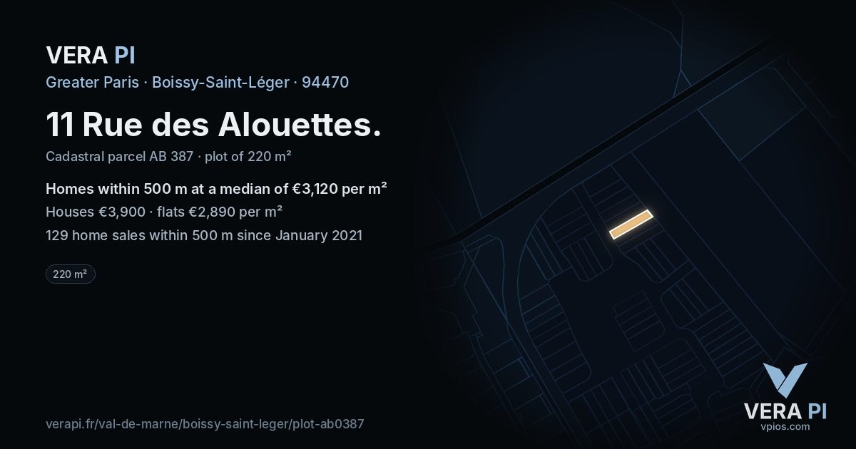 11 Rue des Alouettes, Boissy-Saint-Léger at night – the plot lit, the parcels around coloured by the prices near them