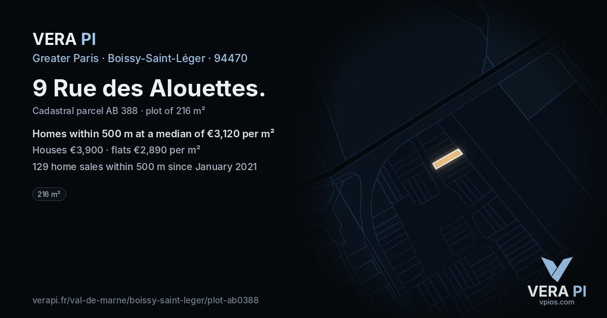 9 Rue des Alouettes, Boissy-Saint-Léger at night – the plot lit, the parcels around coloured by the prices near them