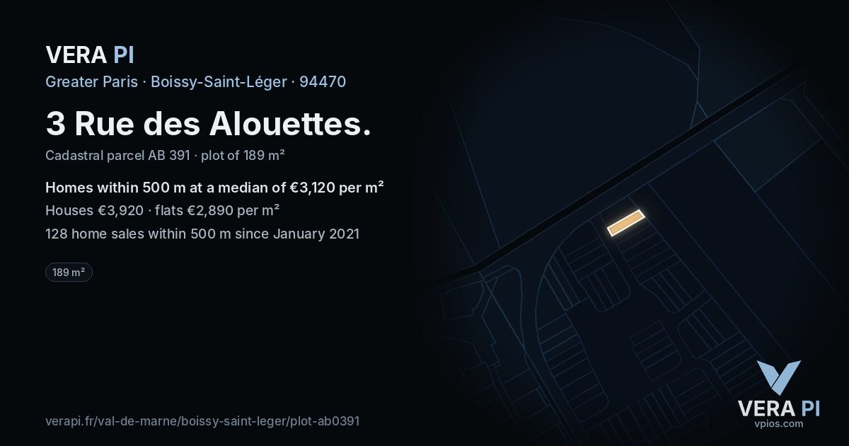 3 Rue des Alouettes, Boissy-Saint-Léger at night – the plot lit, the parcels around coloured by the prices near them