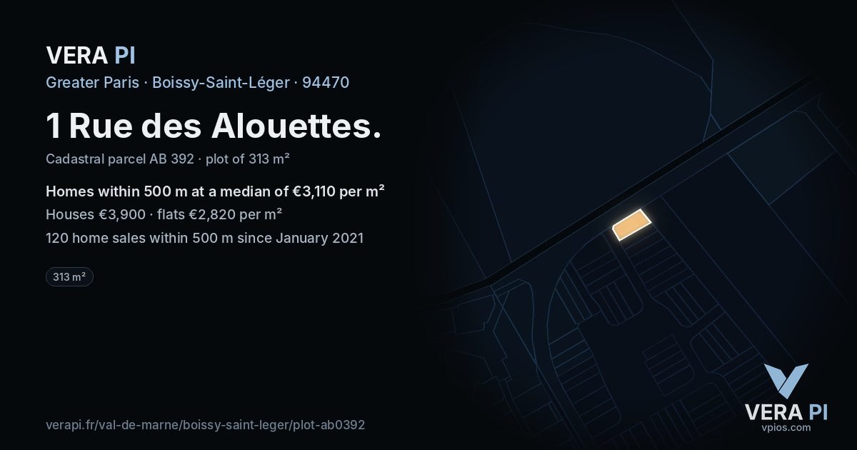 1 Rue des Alouettes, Boissy-Saint-Léger at night – the plot lit, the parcels around coloured by the prices near them