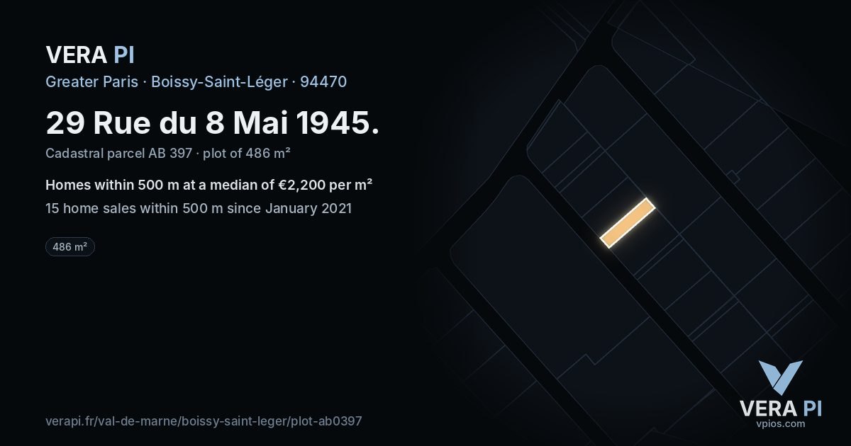 29 Rue du 8 Mai 1945, Boissy-Saint-Léger at night – the plot lit, the parcels around coloured by the prices near them