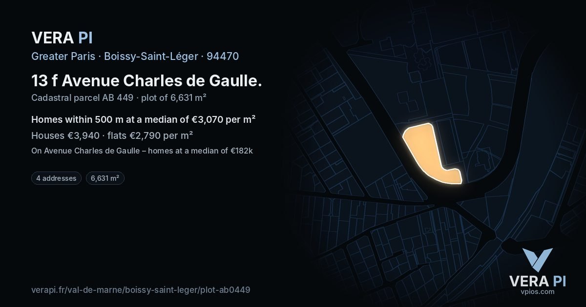 13 f Avenue Charles de Gaulle, Boissy-Saint-Léger at night – the plot lit, the parcels around coloured by the prices near them