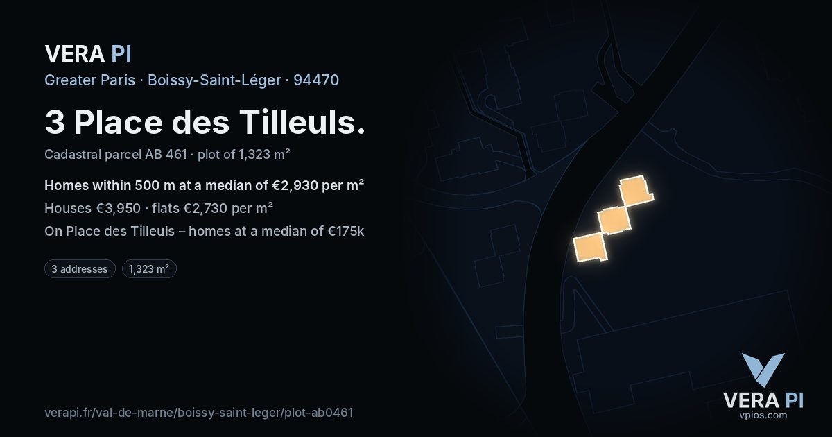 3 Place des Tilleuls, Boissy-Saint-Léger at night – the plot lit, the parcels around coloured by the prices near them