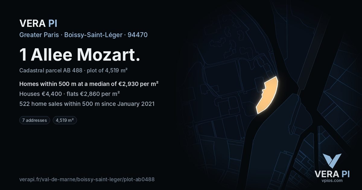1 Allee Mozart, Boissy-Saint-Léger at night – the plot lit, the parcels around coloured by the prices near them