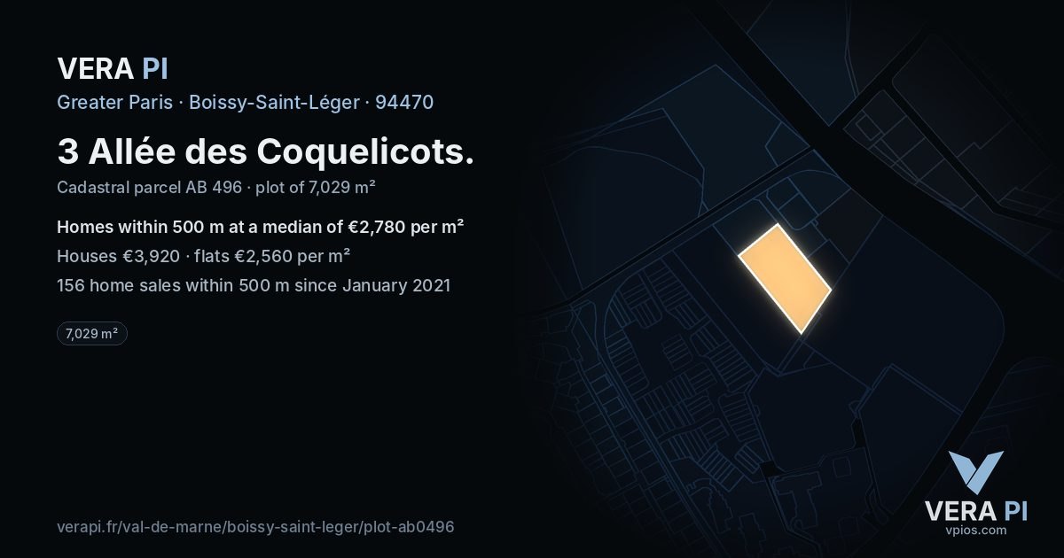 3 Allée des Coquelicots, Boissy-Saint-Léger at night – the plot lit, the parcels around coloured by the prices near them