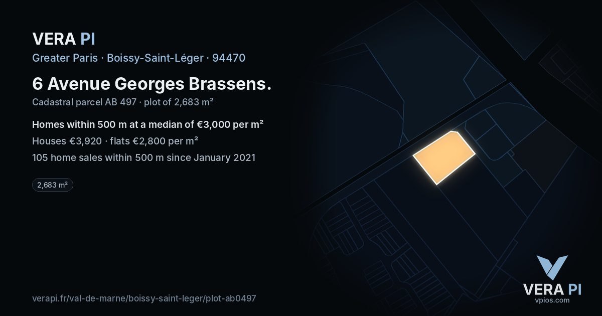 6 Avenue Georges Brassens, Boissy-Saint-Léger at night – the plot lit, the parcels around coloured by the prices near them