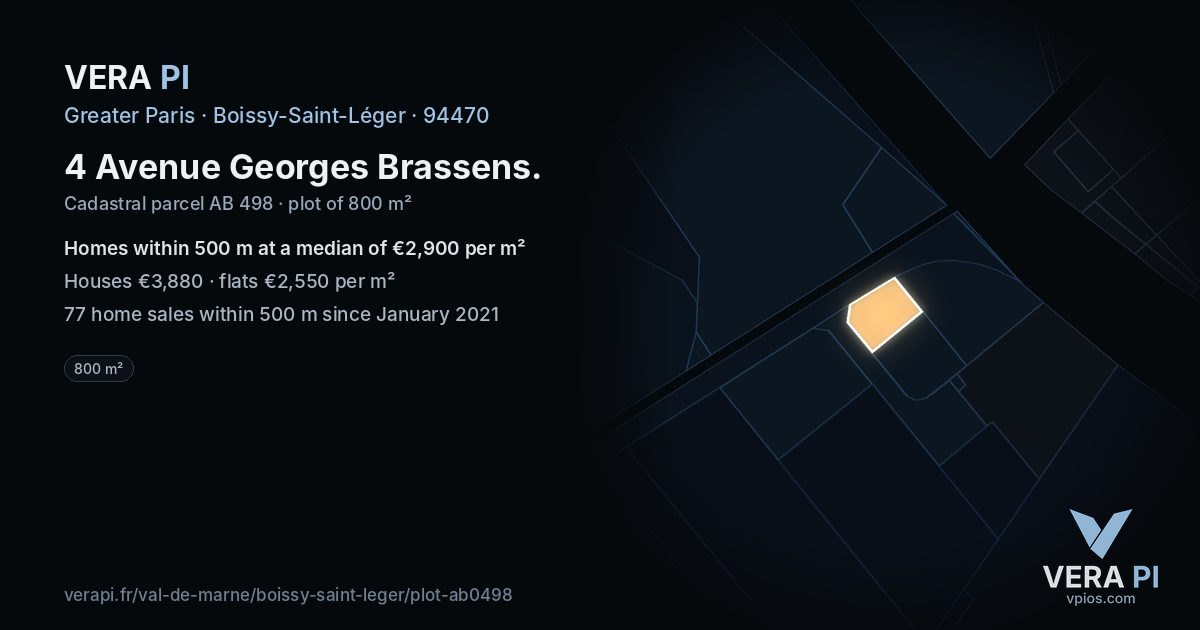 4 Avenue Georges Brassens, Boissy-Saint-Léger at night – the plot lit, the parcels around coloured by the prices near them