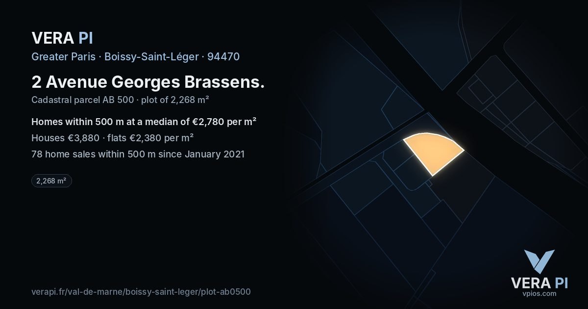 2 Avenue Georges Brassens, Boissy-Saint-Léger at night – the plot lit, the parcels around coloured by the prices near them