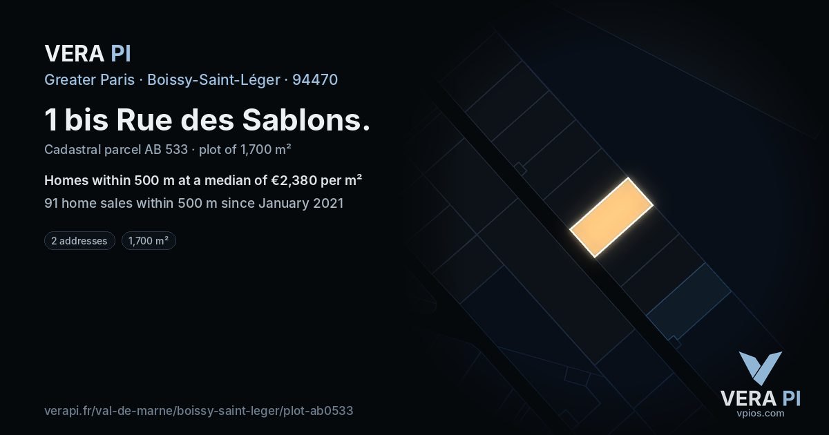 1 bis Rue des Sablons, Boissy-Saint-Léger at night – the plot lit, the parcels around coloured by the prices near them
