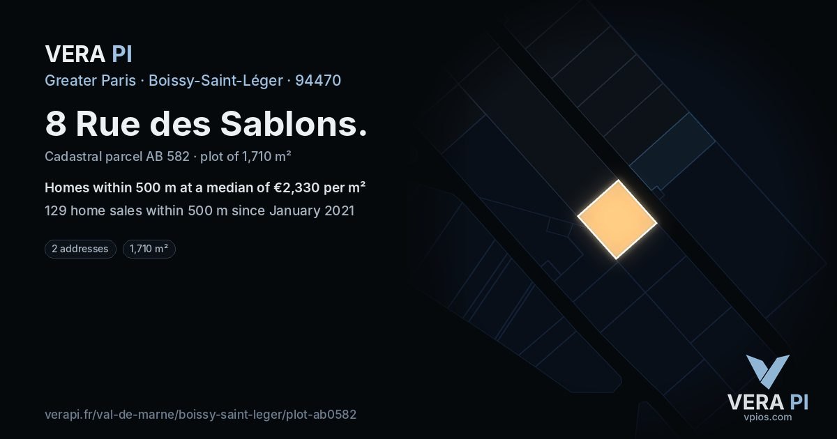 8 Rue des Sablons, Boissy-Saint-Léger at night – the plot lit, the parcels around coloured by the prices near them