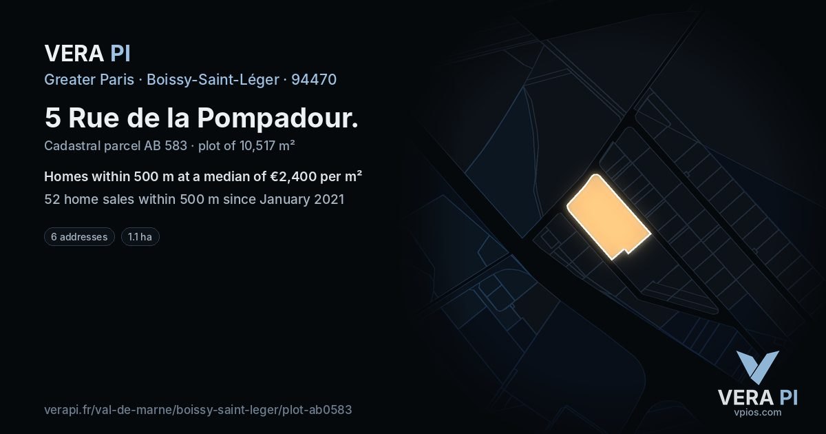 5 Rue de la Pompadour, Boissy-Saint-Léger at night – the plot lit, the parcels around coloured by the prices near them